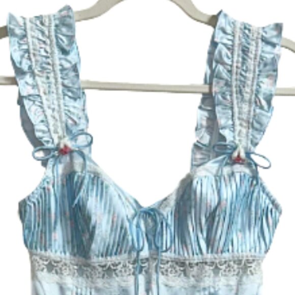 For Love & Lemons Ellery Baby Blue Floral Satin Slip Dress S Romantic Mini - Picture 4 of 10